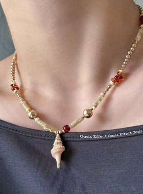 OASIS 浅金砂砾天然猫眼石贝壳香槟色夏日海岛串珠项链小众锁骨链