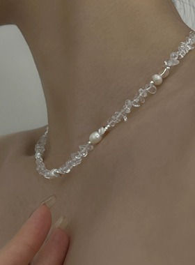 OASIS 白开水白水晶天然淡水珍珠极简风项链小众百搭锁骨链颈链