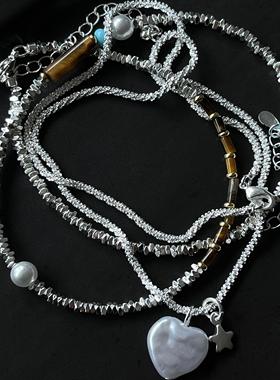 OASIS 破碎银河天然虎眼石蓝松碎银串珠锁骨链新中式项链贝珠手作