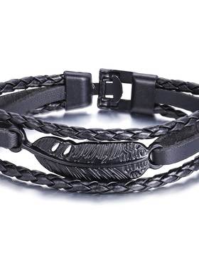 Men's woven feather faux leather bracelet men Punk bangl