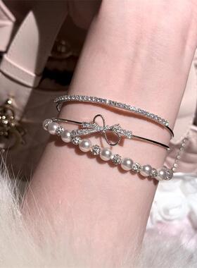 花想容双层蝴蝶结珍珠叠戴手链