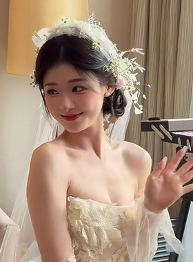 韩式莫奈花园花朵发带网纱发饰甜美羽毛结婚妆造拍照新娘头饰配饰