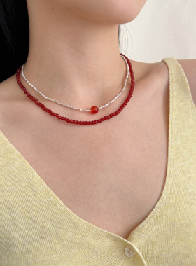 碎银子猫眼石红玛瑙吊坠项链