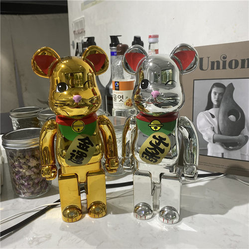 bearbrick400%暴力熊金运招财猫公仔 电镀积木熊玩偶潮牌手办摆件 - 图0