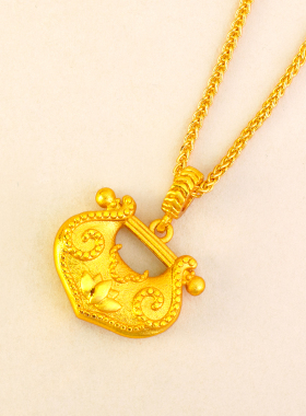 新中式镀金莲花平安锁女编绳挂坠