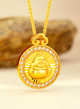 镀金镭射点钻弥勒佛项链复古挂坠