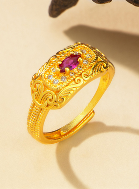 镀黄金色红宝石华焰流影戒指复古