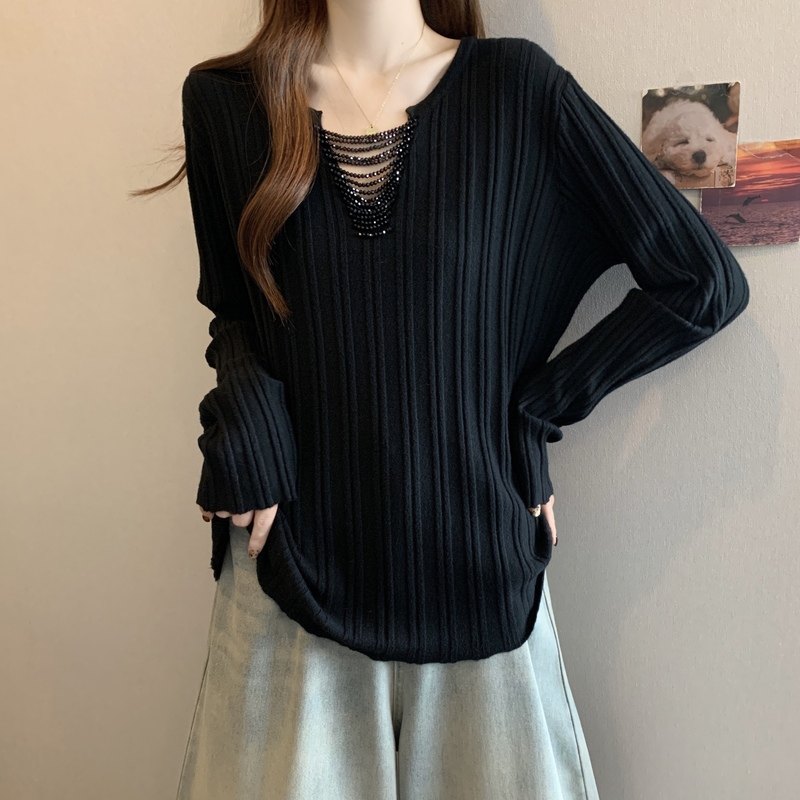 大码女装设计感串珠v领长袖针织衫秋冬胖mm宽松显瘦遮肉打底毛衣,淘宝优惠券,粉丝福利购,淘宝优惠卷