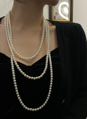 施家珍珠项链毛衣链女长款