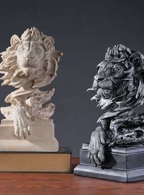 美式复古动物仿铜狮子头像树脂工艺品摆件玄关办公室酒柜软装装饰