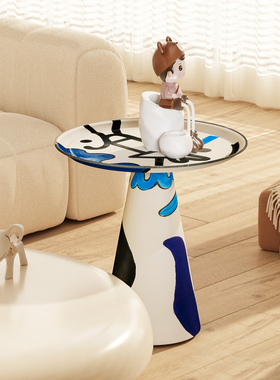 意式高级感手绘油画彩绘艺术圆形茶几家用设计师桌子样板房边几