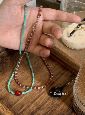 繁花~复古氛围感锁骨链 红蓝配色串珠ins小众设计气质叠戴颈项链