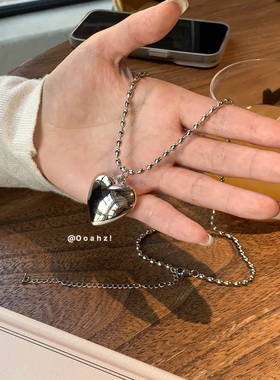 金属不锈钢爱心吊坠~韩国钛钢项链空心桃心吊坠银色项链ins毛衣链