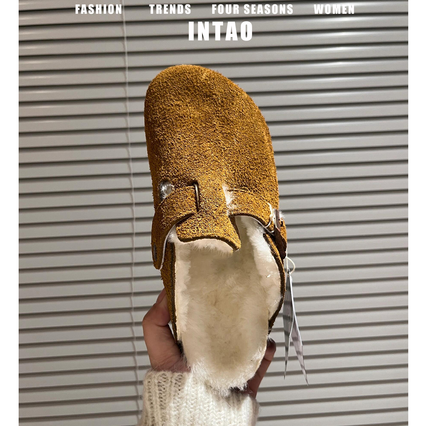 摩卡色磨砂牛皮勃肯鞋半拖女秋冬加绒2025年新款一脚蹬厚底毛毛鞋 - 图1