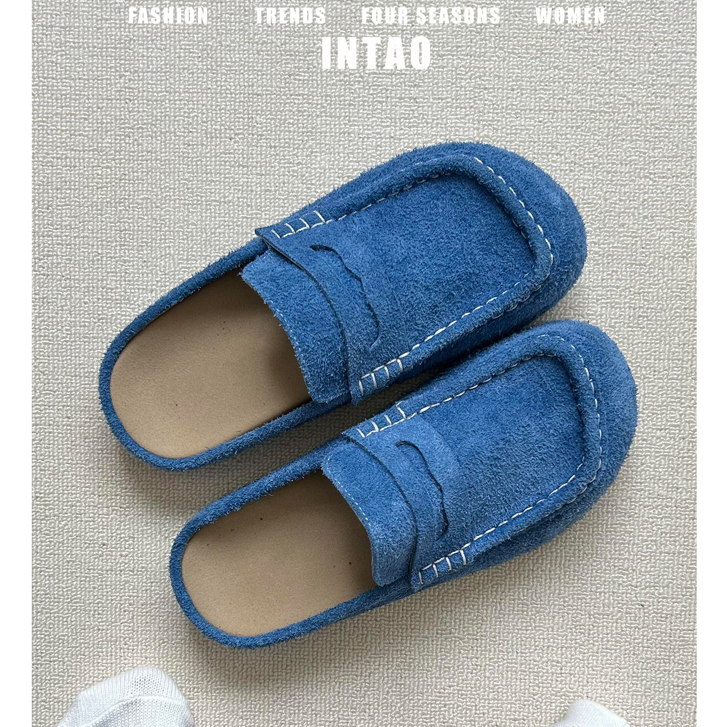 蓝色磨砂牛皮软木厚底勃肯鞋女2025秋季新款一脚蹬包头穆勒鞋半拖 - 图2