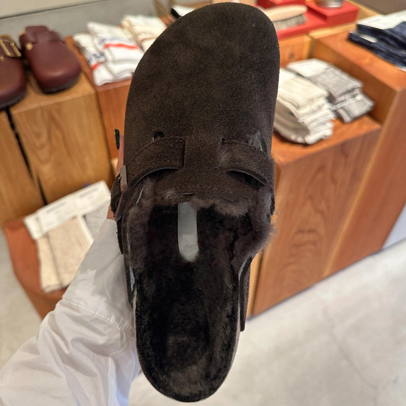 复古真皮勃肯鞋厚底女一脚蹬加绒棉拖鞋2025秋冬新款软木博肯单鞋 - 图0