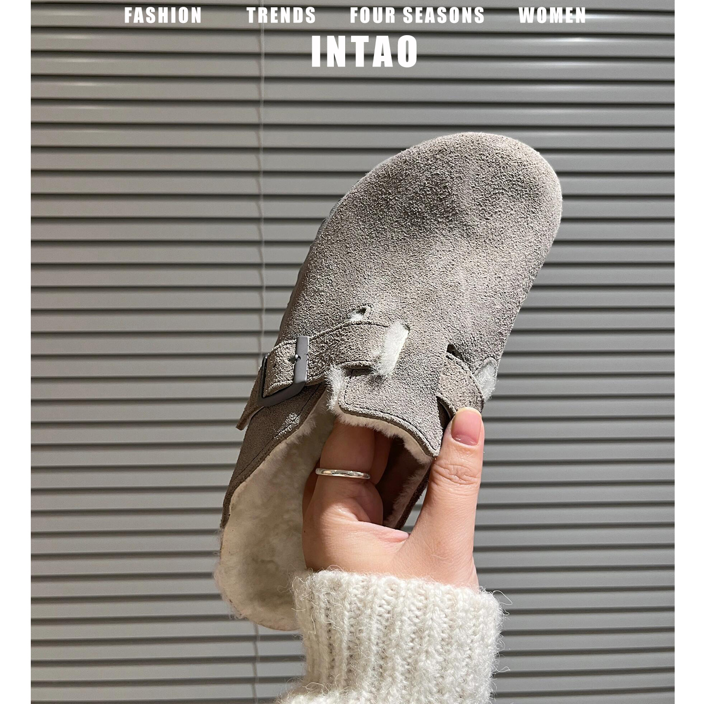 摩卡色磨砂牛皮勃肯鞋半拖女秋冬加绒2025年新款一脚蹬厚底毛毛鞋 - 图0