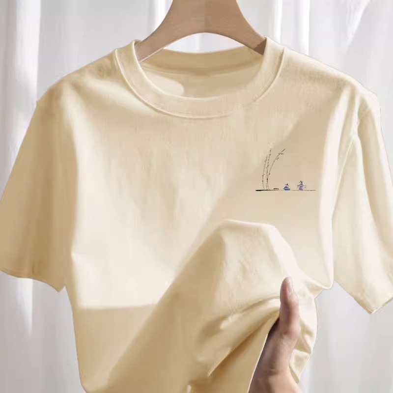 外贸即墨重磅纯棉短袖t恤女2025夏季新款小个子设计感小众体恤衫 - 图3