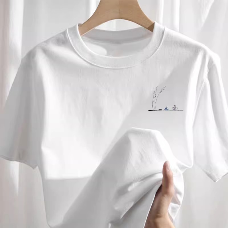 外贸即墨重磅纯棉短袖t恤女2025夏季新款小个子设计感小众体恤衫 - 图1