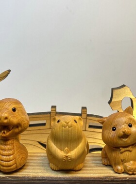 崖柏卡通Q版十二生肖摆件装饰木质雕刻小动物马年Q吉祥物木雕摆设