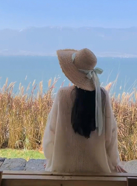 碎花丝带拉菲草帽田园女春夏