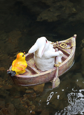 兔子动物船浮水摆件创意水池装饰