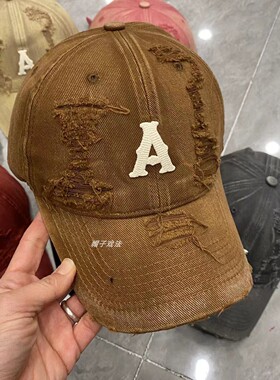美式水洗破洞A刺绣痞帅毛边百搭做旧复古鸭舌显脸小女软顶棒球帽