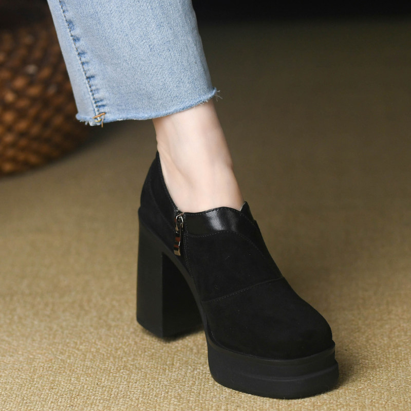 黑色深口厚底方头单鞋女粗跟春款羊反皮防水台拼接复古高跟鞋10cm,淘宝优惠券,粉丝福利购,淘宝优惠卷