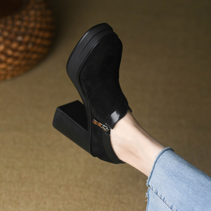 黑色深口厚底方头单鞋女粗跟春款羊反皮防水台拼接复古高跟鞋10cm,淘宝优惠券,粉丝福利购,淘宝优惠卷