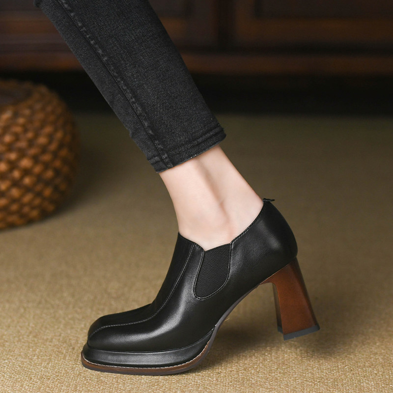 英伦风复古方头深口单鞋女粗跟2024春秋季真皮松紧口高跟小皮鞋女,淘宝优惠券,粉丝福利购,淘宝优惠卷