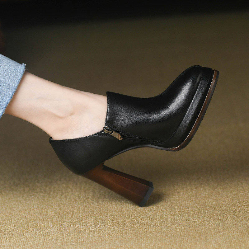 棕色深口尖头单鞋女粗跟春季羊皮真皮女鞋防水台复古高跟鞋女10cm,淘宝优惠券,粉丝福利购,淘宝优惠卷