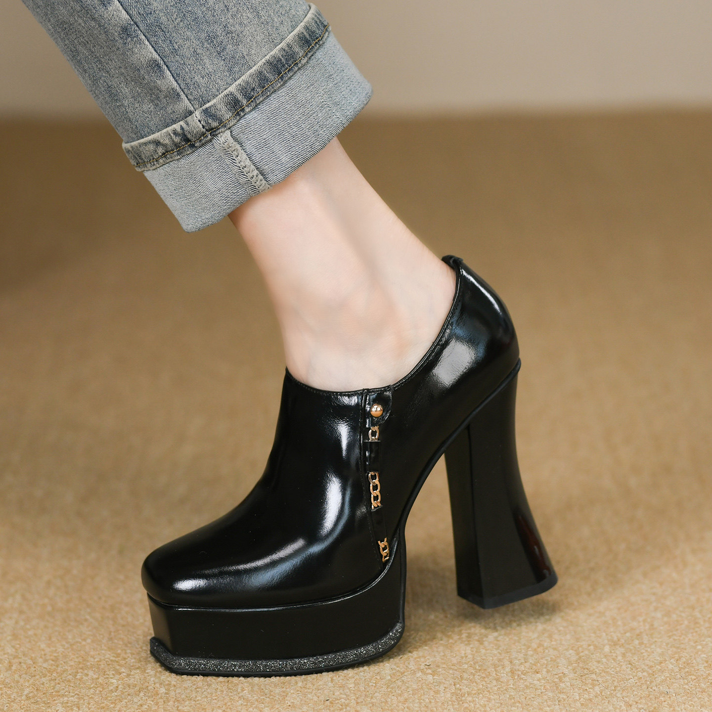 时尚厚底深口单鞋女粗跟春秋新款真牛皮亮面防水台超高跟鞋女10cm,淘宝优惠券,粉丝福利购,淘宝优惠卷