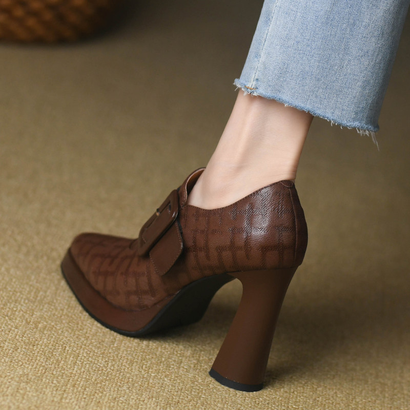 复古尖头深口单鞋女粗跟春款皮带扣拉链压花全牛皮黑色高跟鞋10cm,淘宝优惠券,粉丝福利购,淘宝优惠卷