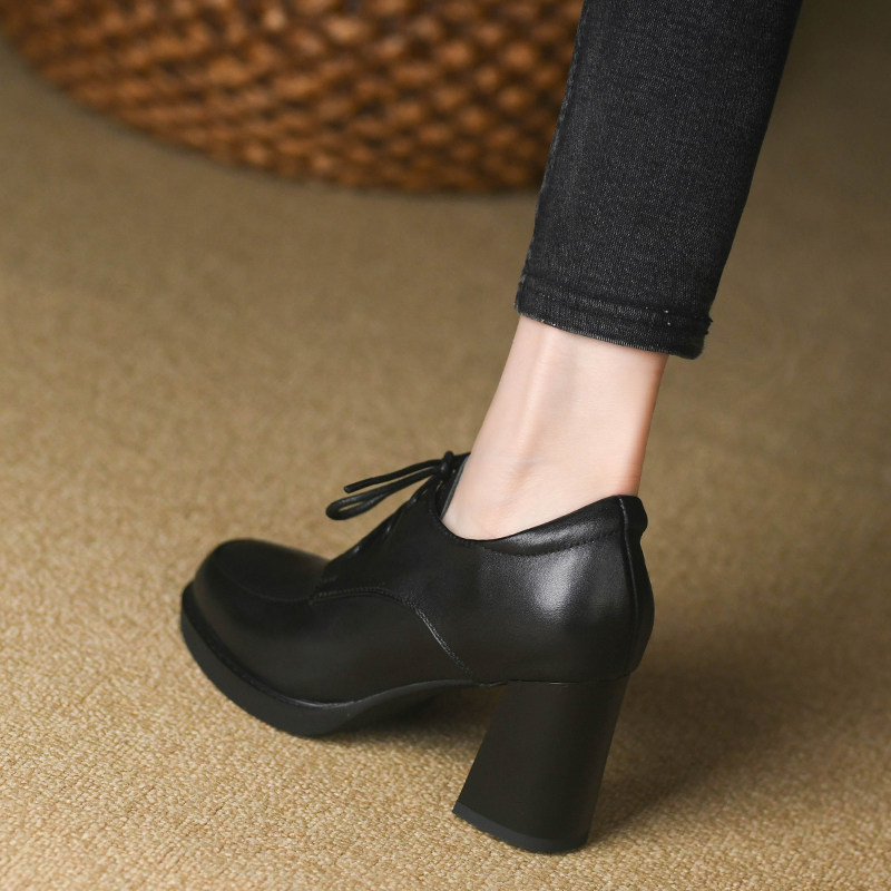 复古圆头深口单鞋女2024新款春季真皮系带小皮鞋黑色高跟鞋女粗跟,淘宝优惠券,粉丝福利购,淘宝优惠卷