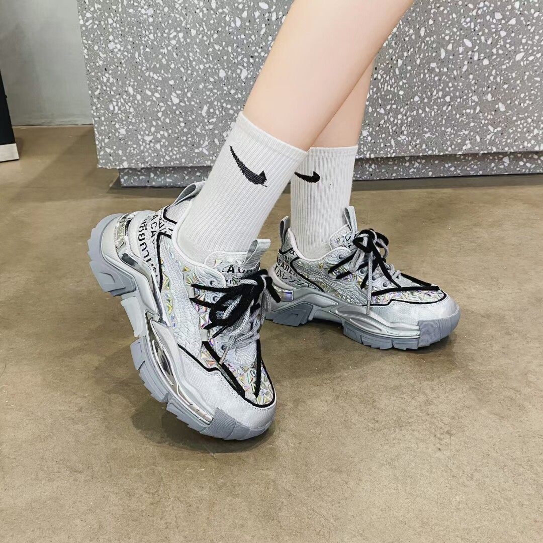华伦邦赛真皮厚底老爹鞋女鞋2023年春秋新款百搭增高休闲运动鞋潮