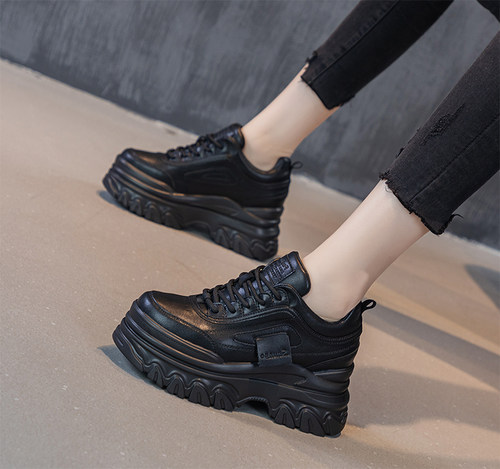 真皮黄色厚底老爹鞋女松糕显瘦春新款ins潮内增高运动鞋休闲单鞋 - 图0