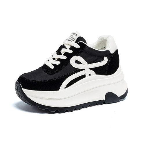 真皮厚底板鞋休闲女鞋松糕百搭德训老爹鞋增高轻便厚底学生运动鞋 - 图3