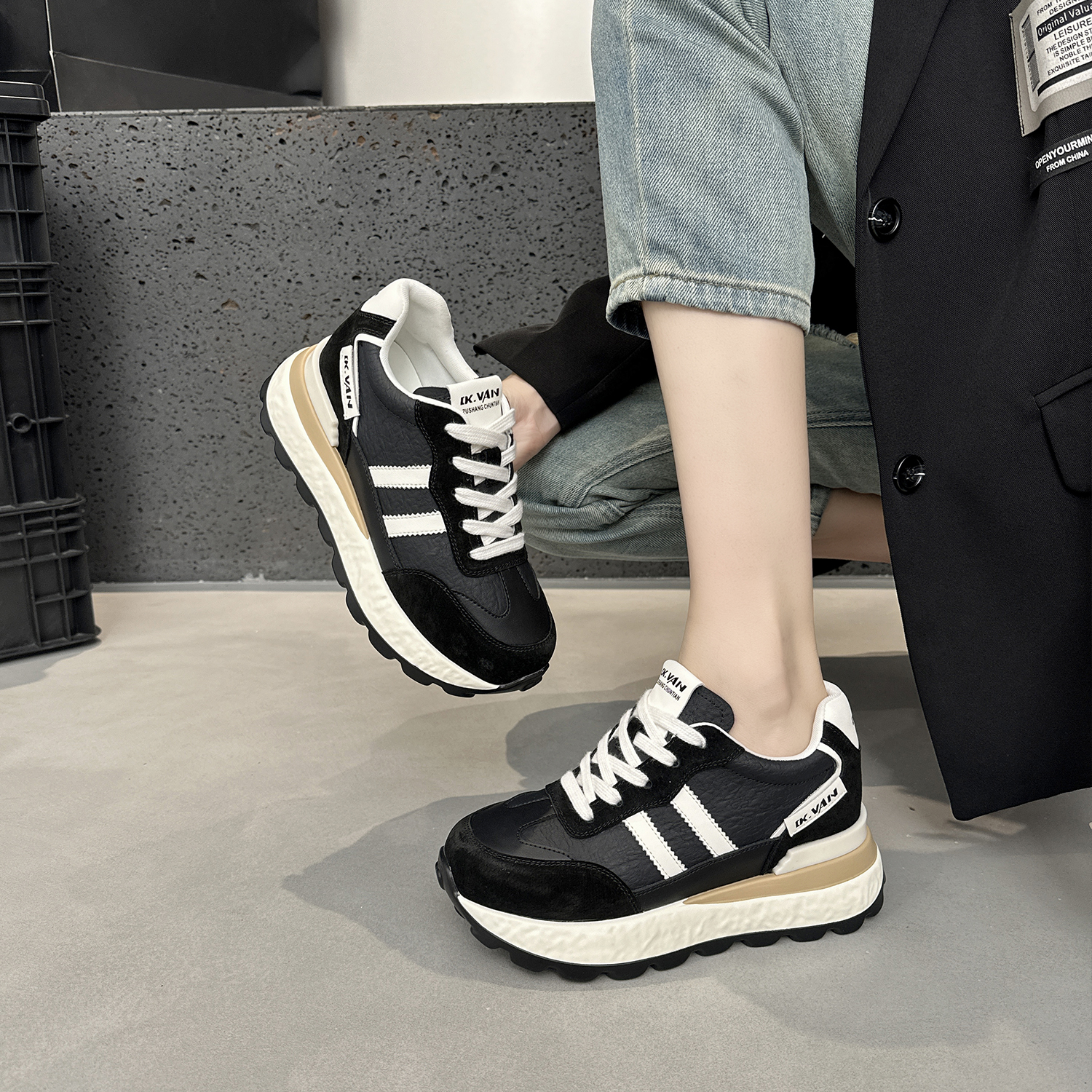 真皮厚底德训鞋女鞋2025秋百搭新款松糕厚底增高老爹鞋运动休闲鞋 - 图0