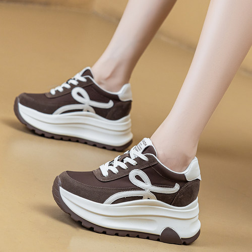 真皮厚底板鞋休闲女鞋松糕百搭德训老爹鞋增高轻便厚底学生运动鞋 - 图0