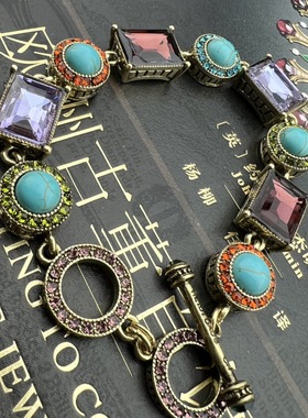 H款中古vintage复古做旧 宝石水晶 民族手工镶嵌手链