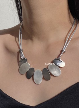 金属多层皮绳女几何毛衣项链