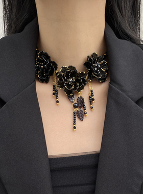 金属流苏花朵女黑花朵项链锁骨链
