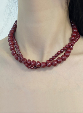 双层串珠女酒红珍珠项链锁骨链