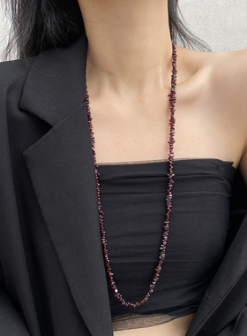 碎石串珠长红色石榴石项链毛衣链