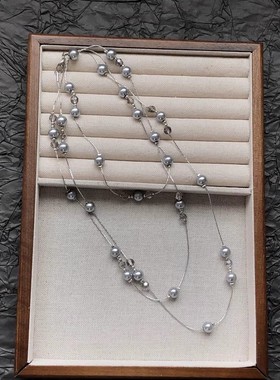 高级感多层大小串珠灰珍珠项链女