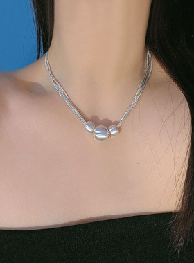 蛇骨链多层女拉丝金属圆球项链