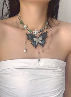 夸张甜酷深蓝大蝴蝶流苏项链女