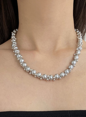 冷淡风金属球拼接串珠灰珍珠项链