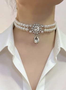 镶钻多层珍珠项链choker锁骨链