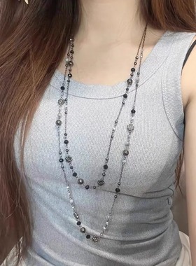 复古十字架多层水晶金属花朵项链